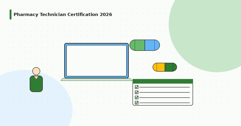 pharmacy technician certification study desk flat illustration