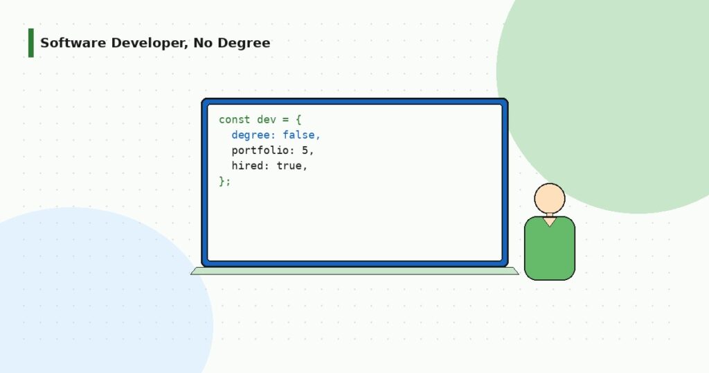 software developer without a degree laptop code flat illustration