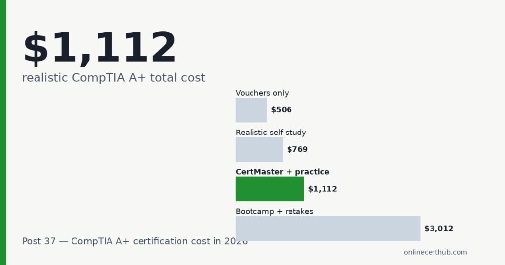 Comptia a+ cost — Bar chart comparing CompTIA A+ certification cost scenarios from $506 vouchers-only to $3,012 bootcamp
