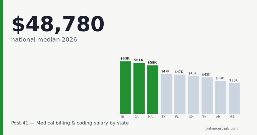 Bar chart of medical billing and coding salary by state for 2026, with New Jersey, California and Massachusetts highlighted